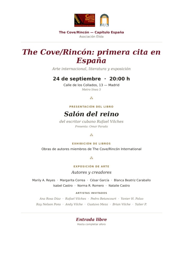Event flyer for The Cove/Rincón: First Gathering in Spain, featuring international art, literature, and an exhibition on September 24 at 20:00 in Madrid. Includes book presentation by Cuban writer Rafael Vilches and a list of participating authors and artists.